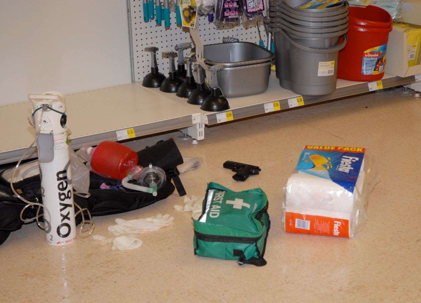 A picture of the scene at Morrison's after Tomas Uptas was shot in the kitchen aisle