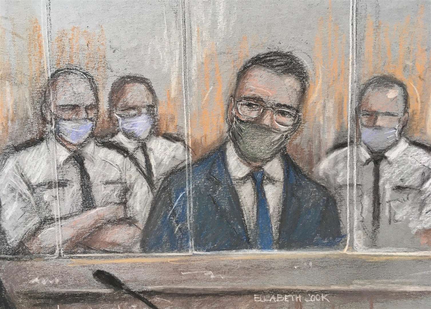 Court artist sketch by Elizabeth Cook of Pawel Relowicz (2nd right)