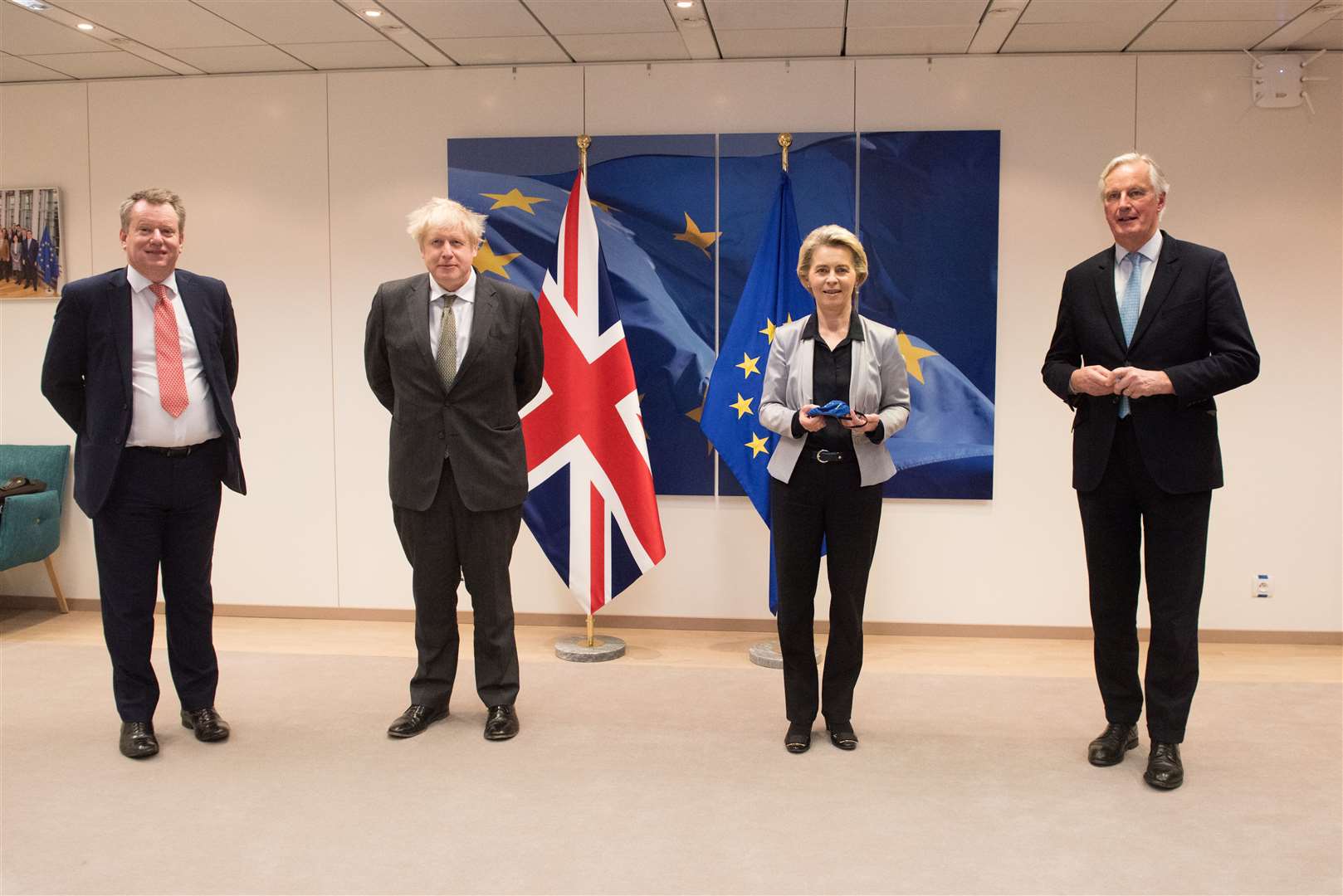 From left, UK’s chief Brexit negotiator Lord David Frost, Boris Johnson, European Commission president Ursula von der Leyen and EU’s chief negotiator Michel Barnier in Brussels on Wednesday night (European Commission/PA)