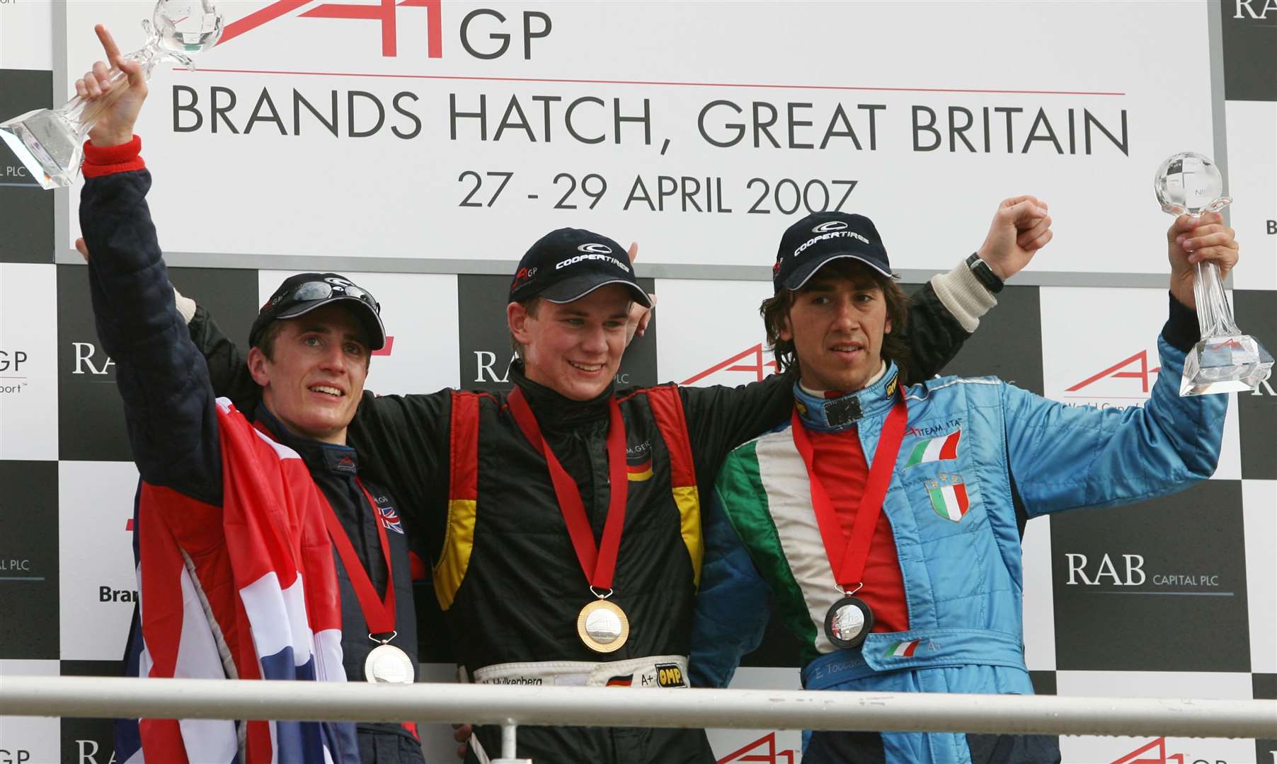 A young Nico Hulkenberg won race two at Brands in April 2007. Team GB's Robbie Kerr and Italy's Enrico Toccacelo joined him on the podium