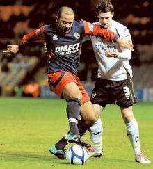 Dartford's Joe Bruce challenges for the ball with Port Vale's Robert Taylor during their FA Cup tie on Tuesday night Picture: Wesley Webster (Sentinel News)