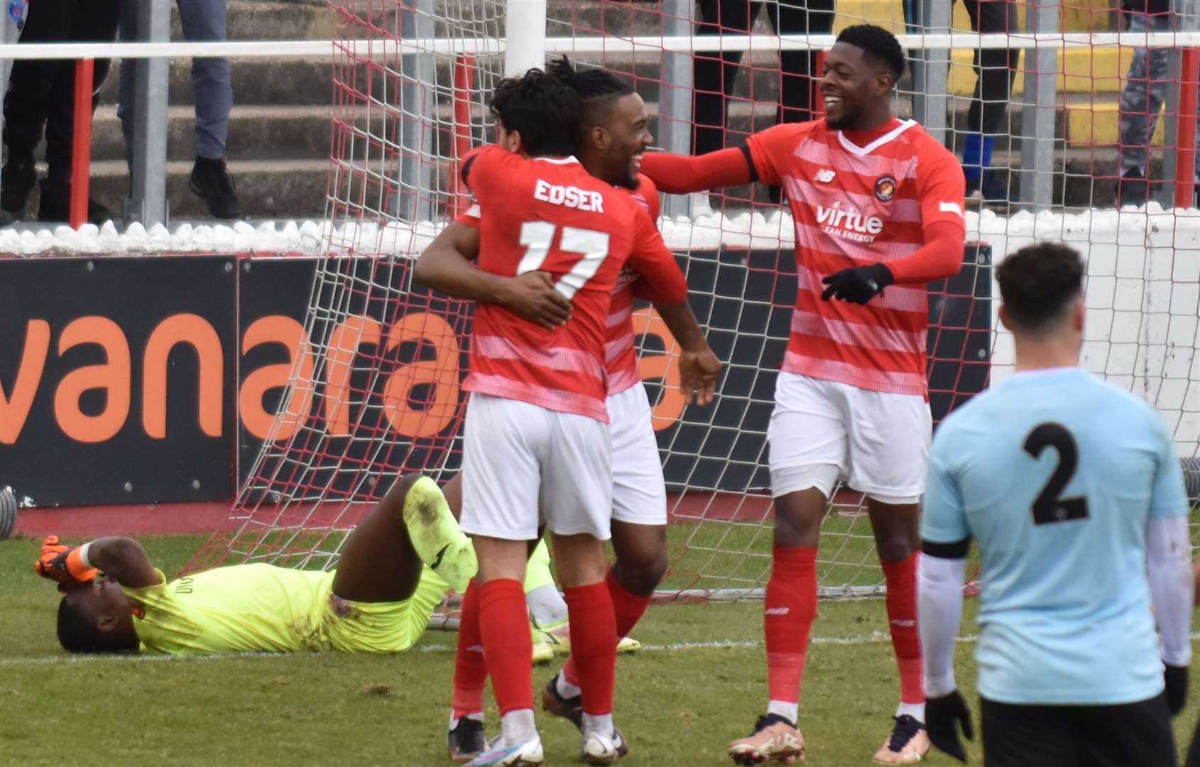 Fleet striker Dominic Poleon is congratulated after scoring his second goal against Hampton on Saturday. Picture: Ed Miller/EUFC