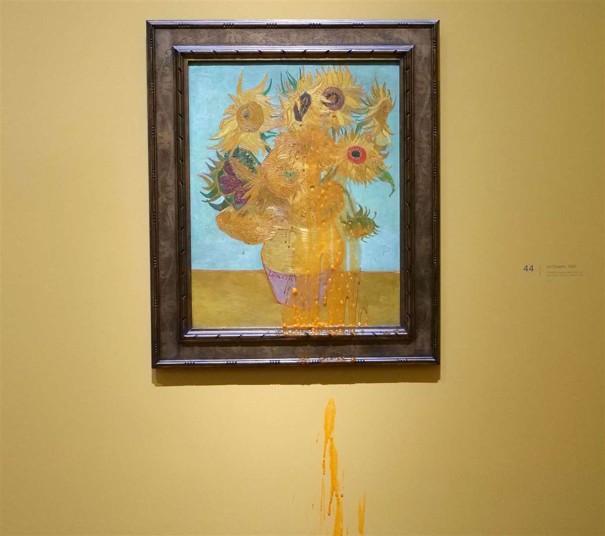 One of two Vincent Van Gogh paintings, in the Poets and Lovers’ exhibition at the National Gallery in London, after Just Stop Oil activists poured soup on two paintings, just hours after other members of the group were jailed for damaging the gold frame of the artist’s Sunflowers (Just Stop Oil/PA)