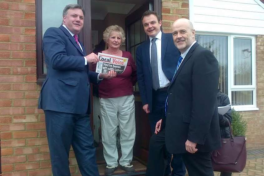 MP Ed Balls with Lordswood resident Janet Bailey, Cllr Tristan Osborne, and MEP candidate John Howarth