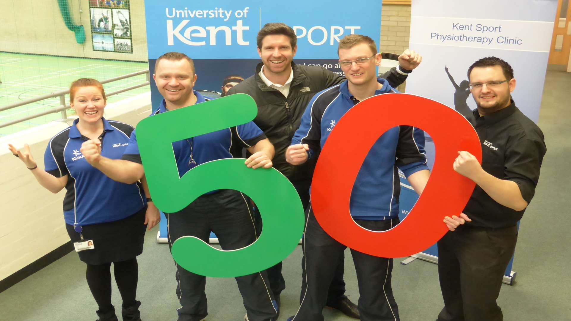 Mariah Young, Jarek Dzikowicz, Ben Trott, Chris Garton and Nick Sandland-Smith of UKC Sport celebrate the university's 50th anniversary by urging 50 teams to take part in the Canterbury Big Quiz on Friday, April 24.