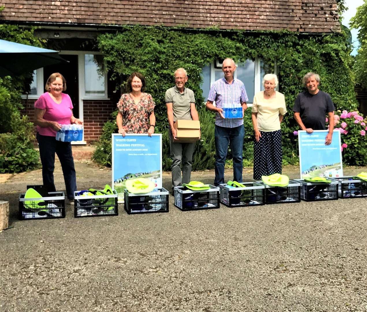 Getting ready for the White Cliffs Walking festival are, from left, organisers Margaret Lubbock, Lesley Stephenson, Gavin Trevelayn, John Grace, Rhona Hodges and Graham Smith