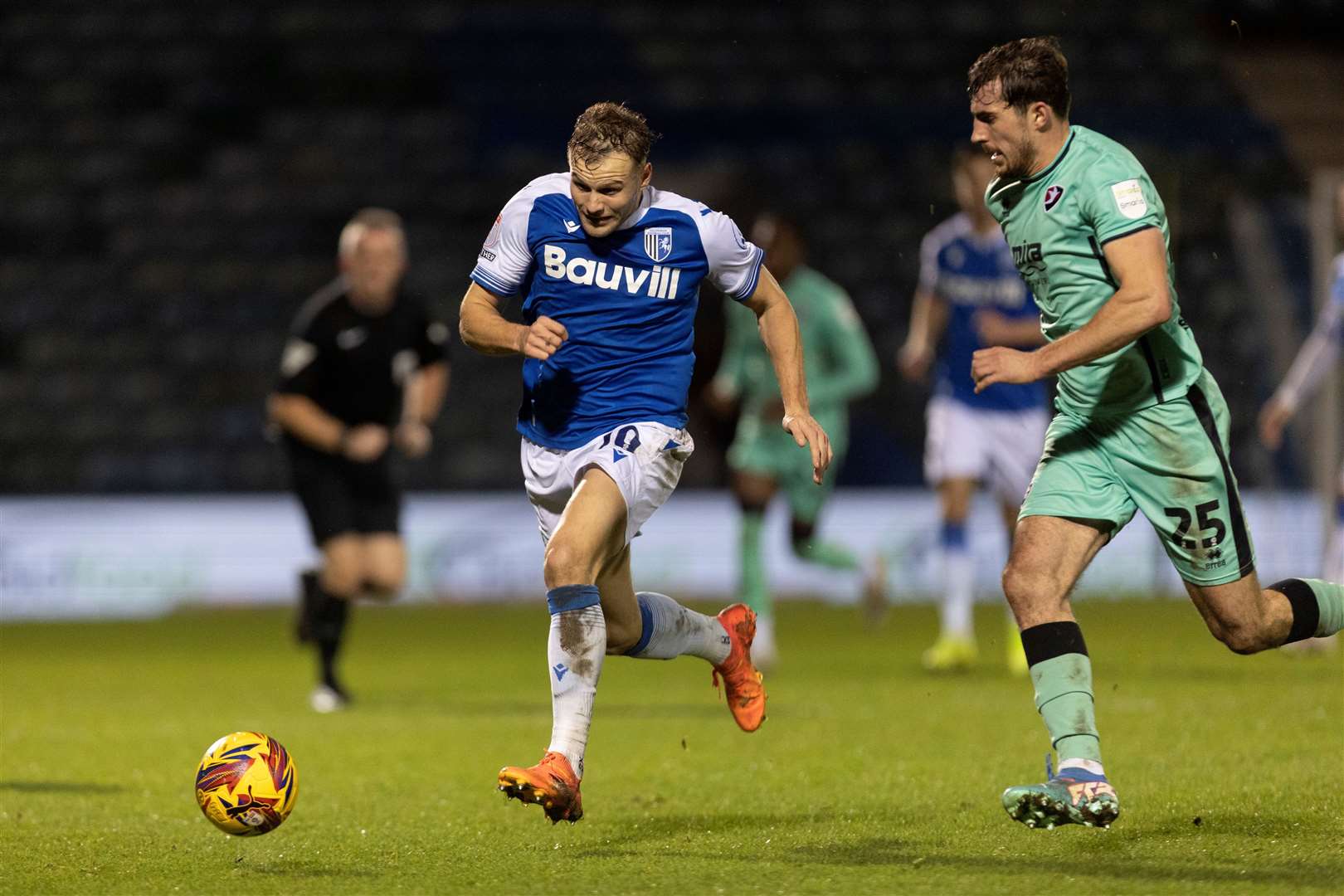 Gillingham striker Elliott Nevitt on the charge against Cheltenham Town on Friday night Picture: @Julian_KPI