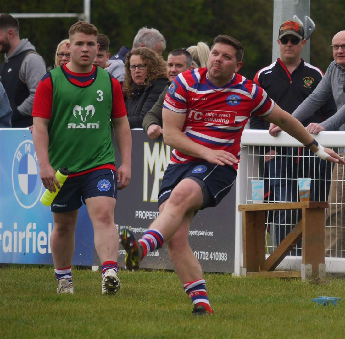 Tonbridge Juddians’ Tom White converts on his milestone appearance. Picture: Adam Hookway