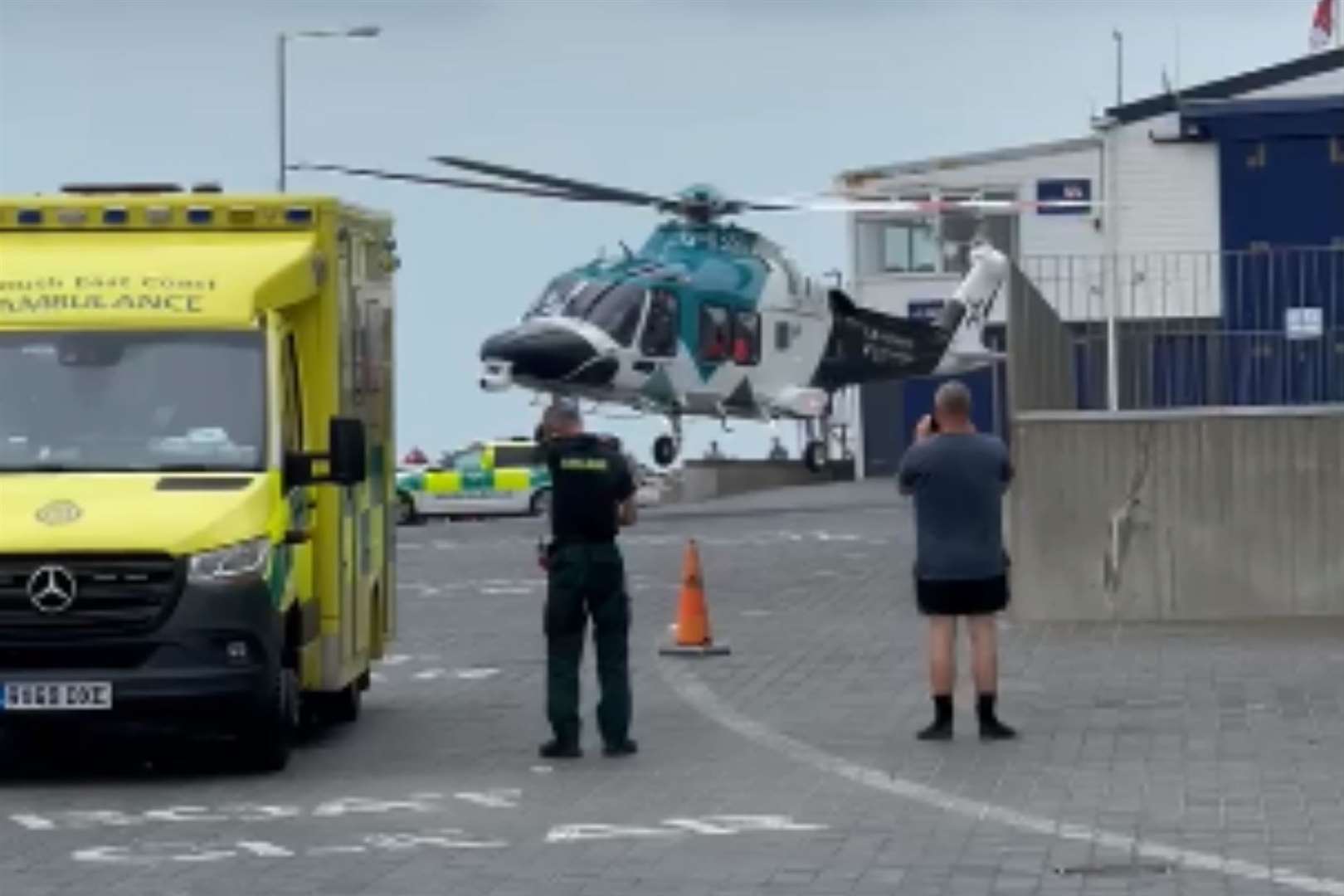 The air ambulance arriving at the gallery this afternoon. Picture: Kevin Clark