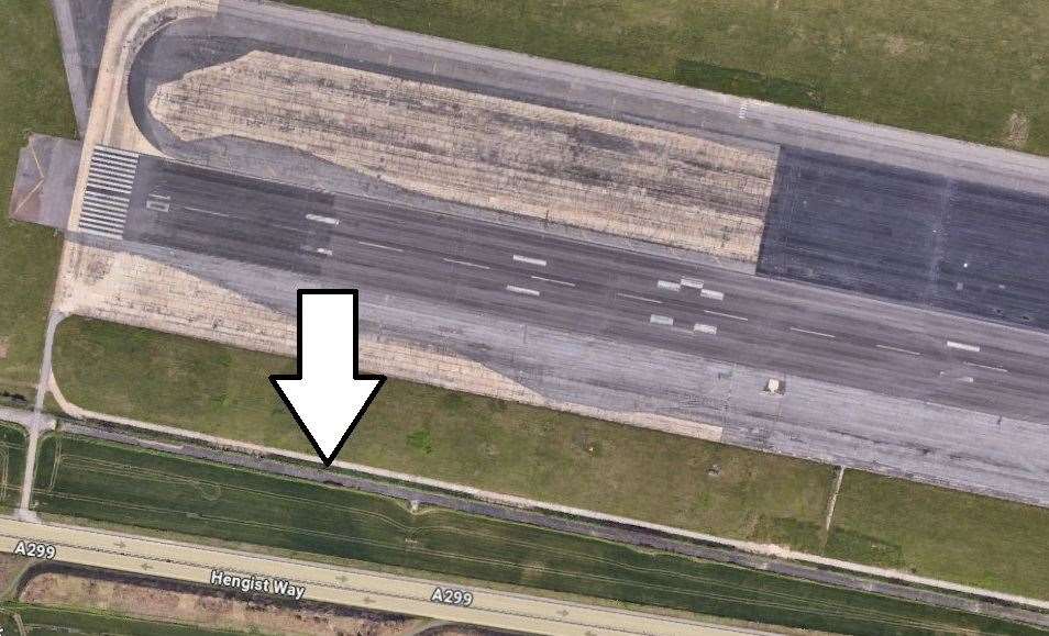 The old A253 - highlighted - which is now abandoned and on private land, once ran alongside Manston's runway. The 'new' dual carriageway can be seen nearby. Picture: Google