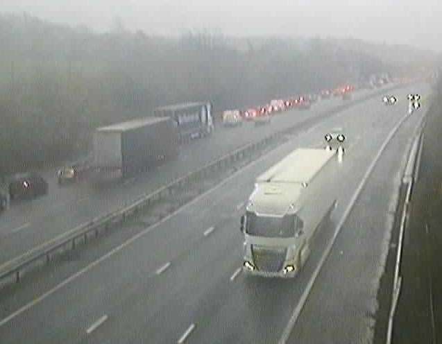 Traffic is backing up along the coastbound M20 after a fuel spillage between J8 (Maidstone) and J9 (Ashford). Picture: National Highways