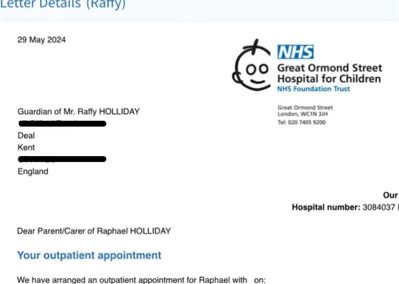 The appointment letter for Raffy Holliday sent by Great Ormond Street Hospital to Imogen Holliday. Pic: Imogen Holliday
