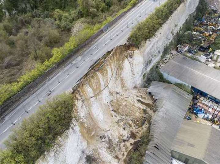 The A226 Galley Hill Road in Swanscombe has been shut since April. KCC’s Toby Howe, top right, is working to get it reopened Photo: High Profile Aerial