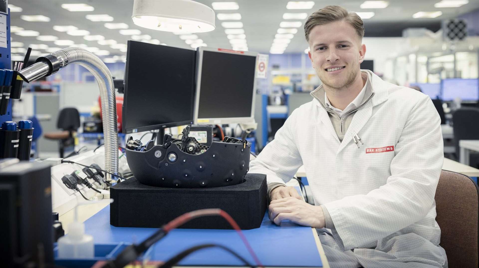 Harley, shown working on a vital project building helmets for the Royal Air Force’s Typhoon pilots.