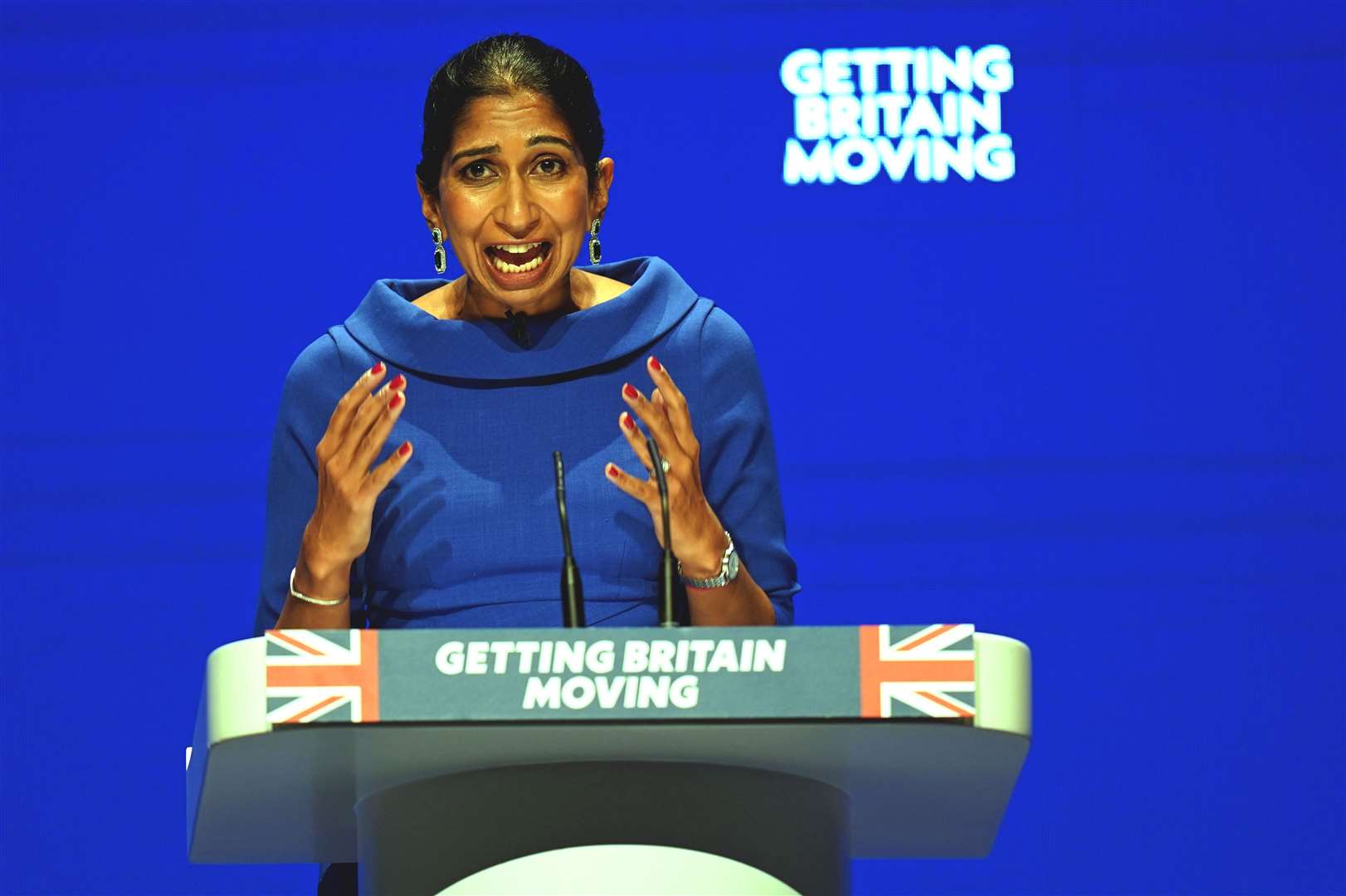 Home Secretary Suella Braverman speaking during the Conservative Party annual conference in Birmingham (Jacob King/PA)