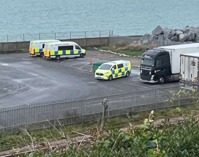 Police by the railway line next to the Port of Dover after a body was found on the tracks. Picture: Louis Walker