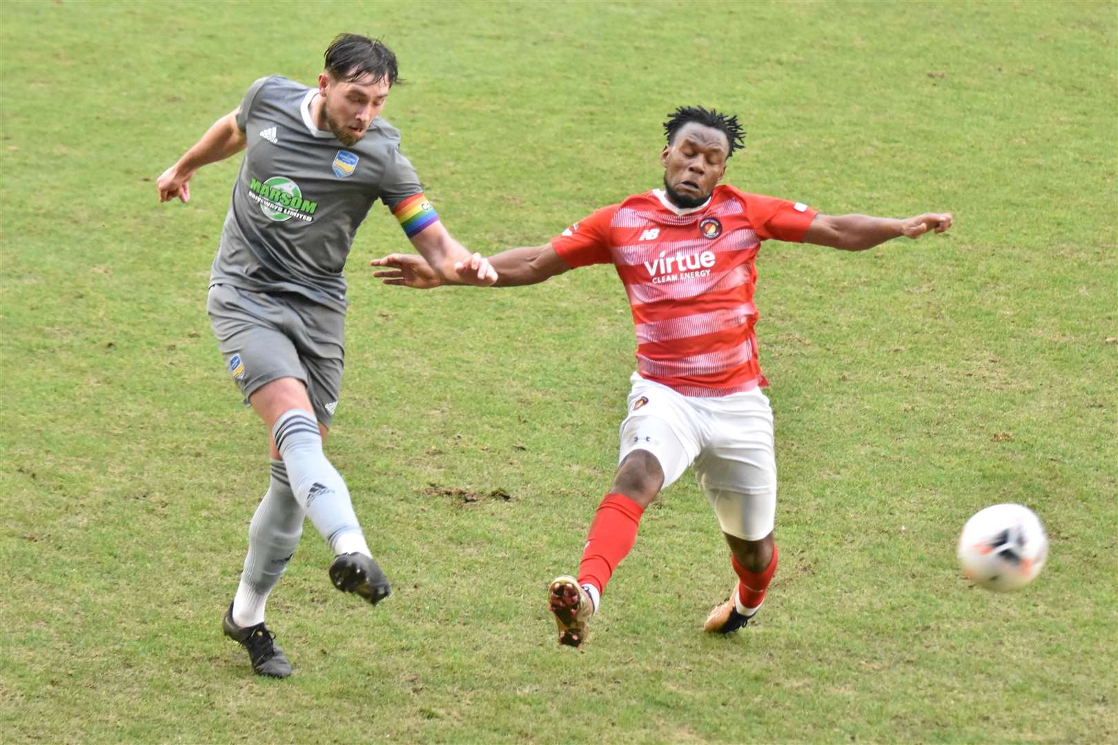 Ebbsfleet's Shaq Coulthirst closes down Aron Pollock. Picture: Ed Miller/EUFC