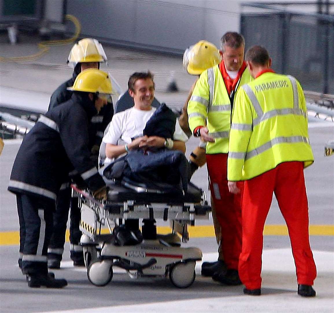 Richard Hammond leaving Leeds General Infirmary after being seriously injured while driving a jet-powered car at Elvington airfield near York (Owen Humphreys/PA)