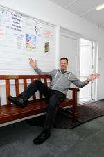 Trustee Rob Langworthy showing off the new bench and foyer