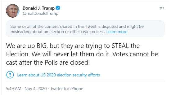 Screengrab of a tweet by US President Donald Trump posted on the night of the US election (PA)