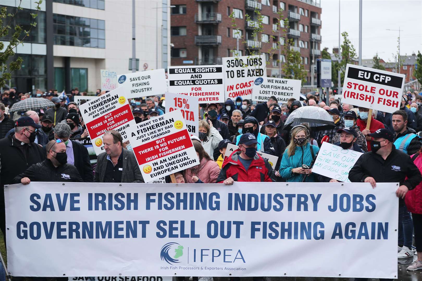 Fishermen protesting over cuts to quotas, the impact of Brexit and the EU Common Fisheries Policy outside the Convention Centre in Dublin (Niall Carson/PA)