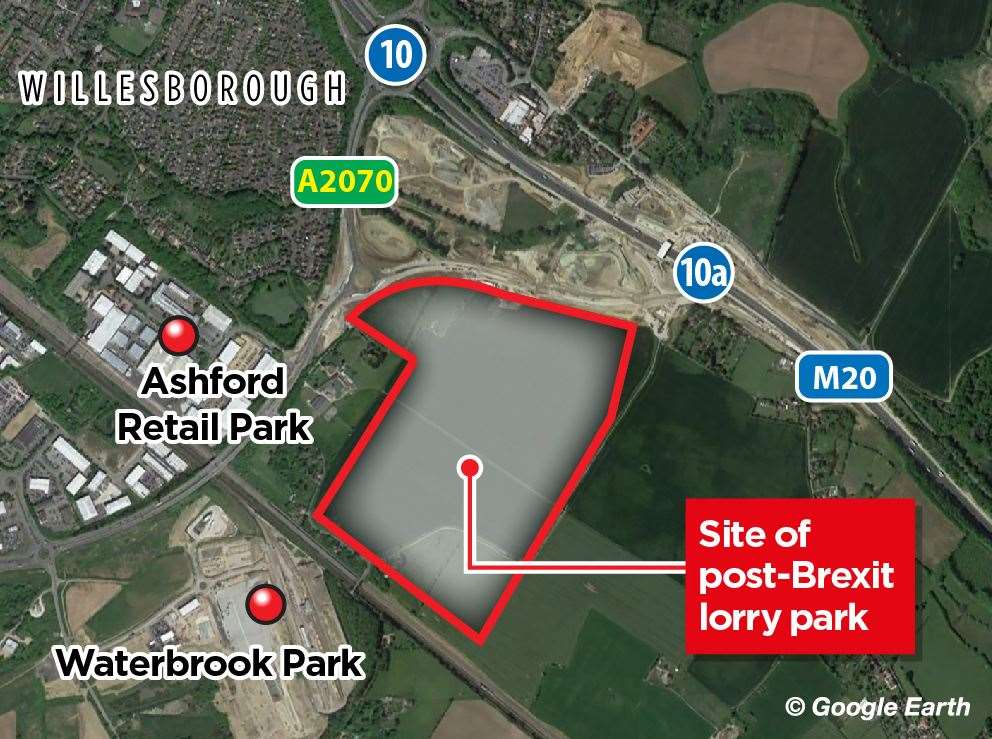 Where the post-Brexit lorry park is being built; Kingsford Street is to the right of the facility, running alongside the M20