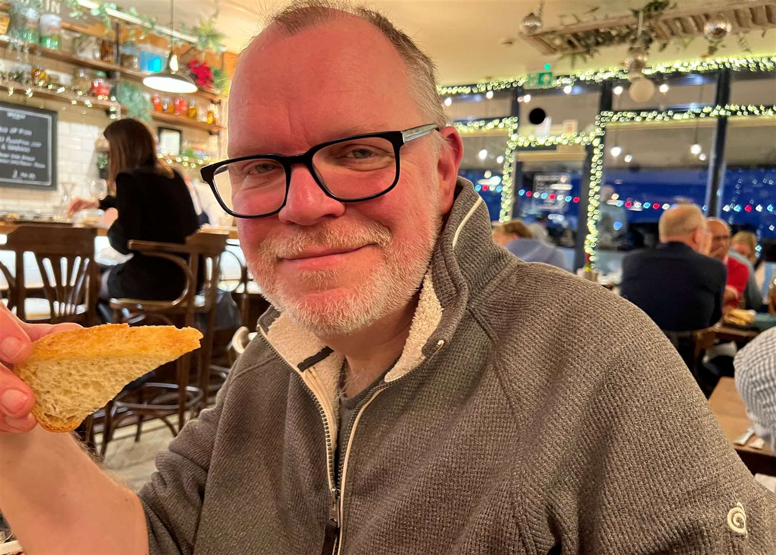 Chris Britcher getting stuck into an extra helping of focaccia at Kebbells