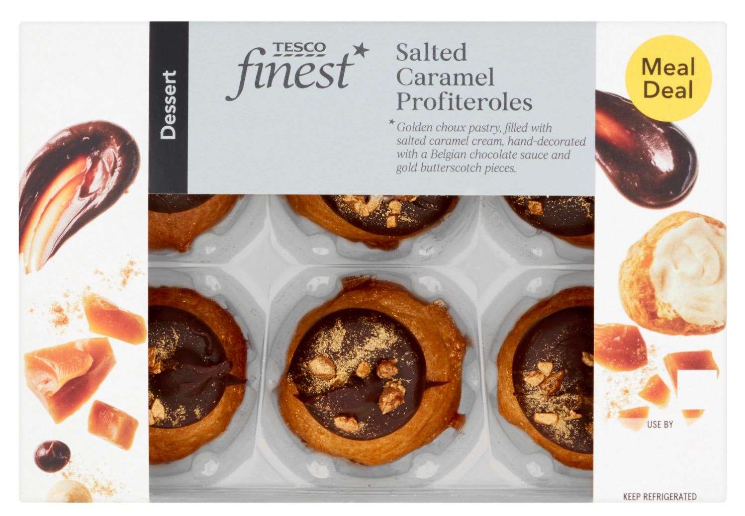 Tesco Finest Salted Caramel Profiteroles are among the dessert choices. Photo: Tesco.