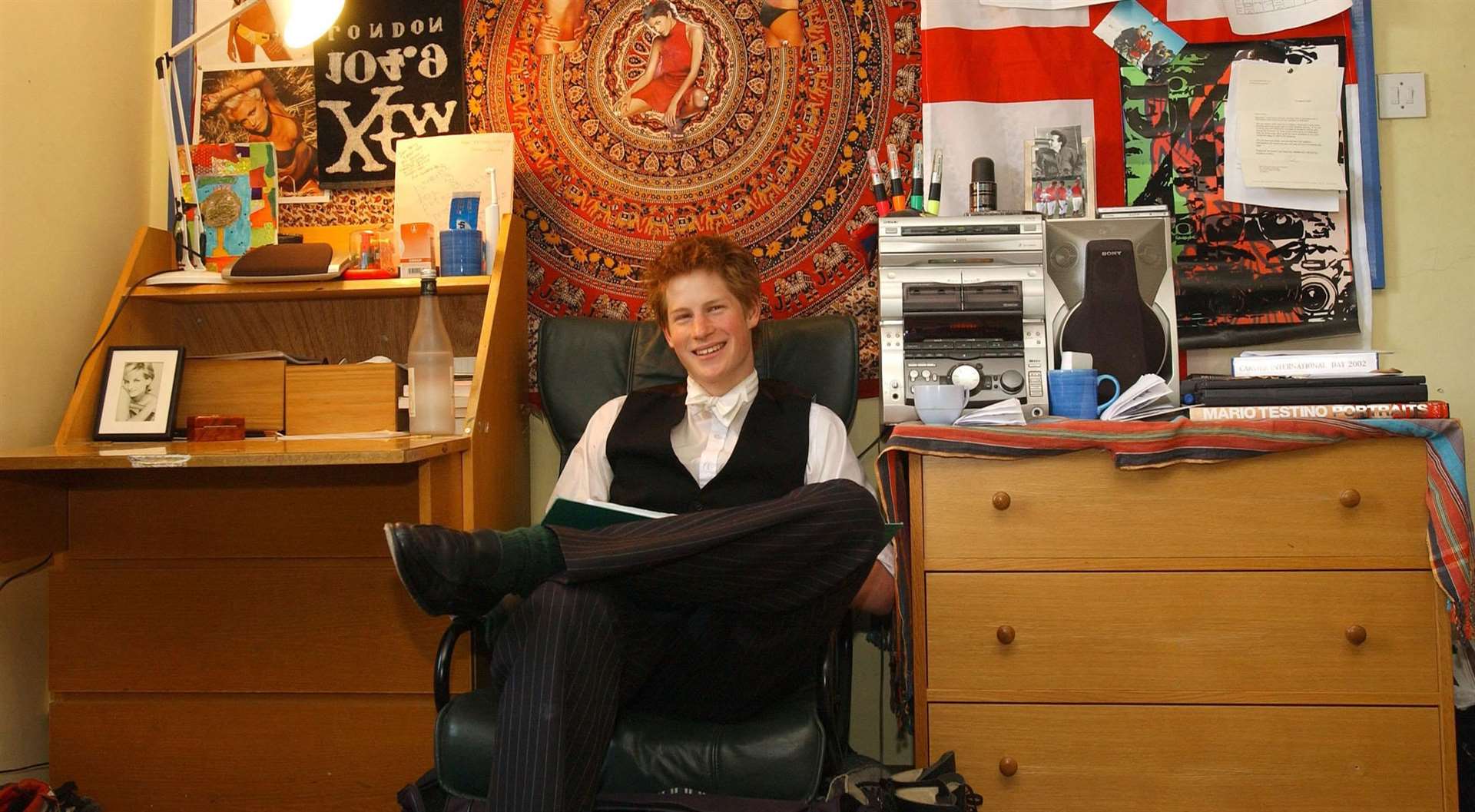 Harry, 18, in his room at Eton College, ahead of completing his A-Levels in 2003 (Kirsty Wigglesworth/PA)