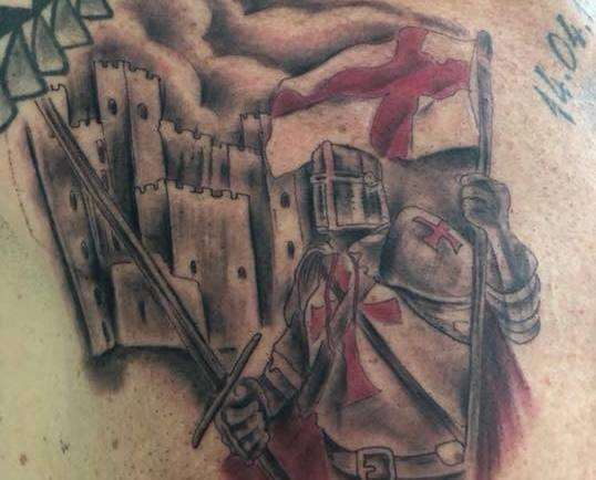 Lee Terry has Rochester Castle as a back drop to his St George's day tattoo (4260115)