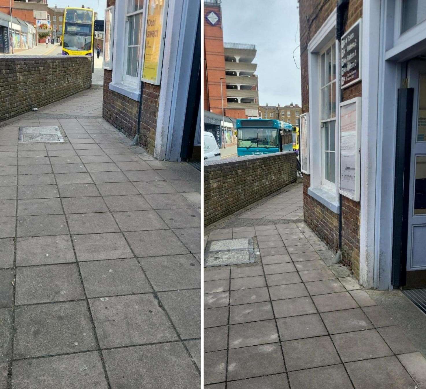 Before and after the cleaning of chewing gum stains outside Gravesham Railway Station