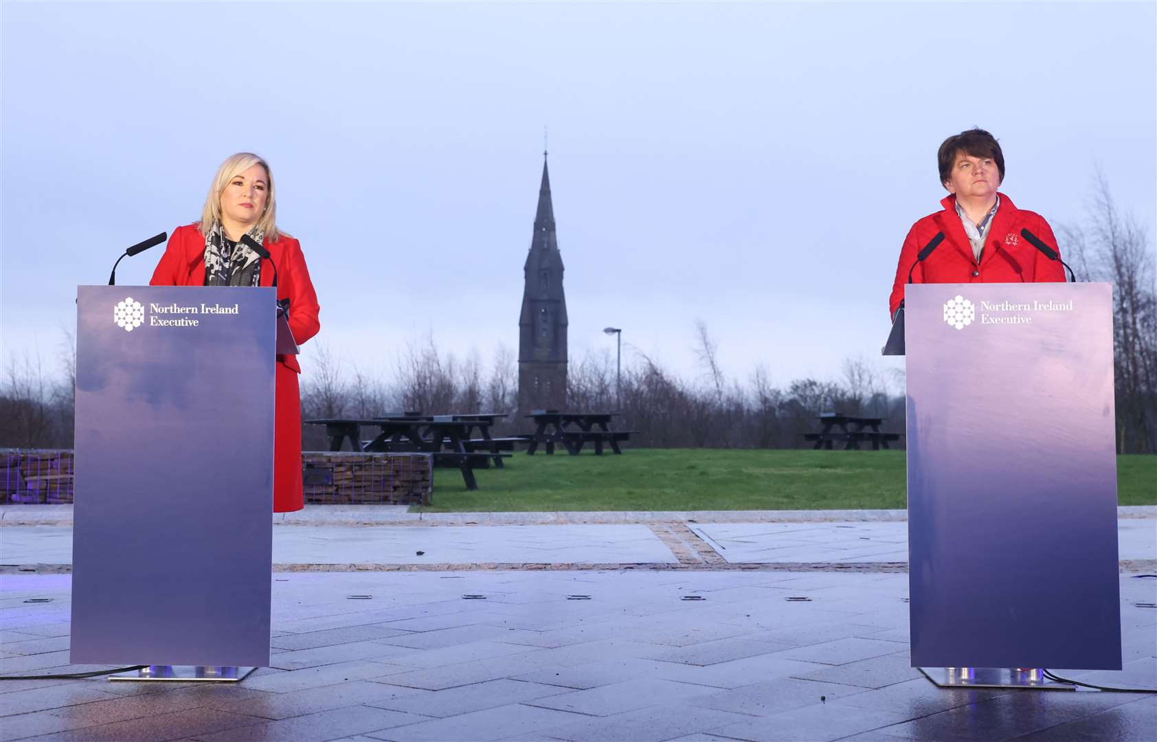 Arlene Foster and Michelle O’Neill stopped holding joint press conferences after the Storey funeral (Presseye/PA)