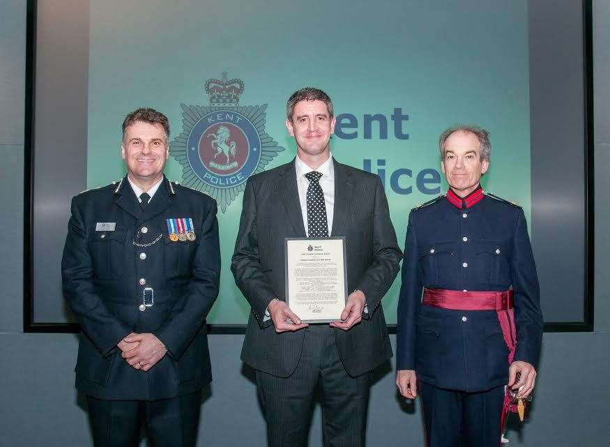 Chief Constable Alan Pughsley, DI Mike Worrall and Vice Lord Lieutenant of Kent Mr Richard Oldfield