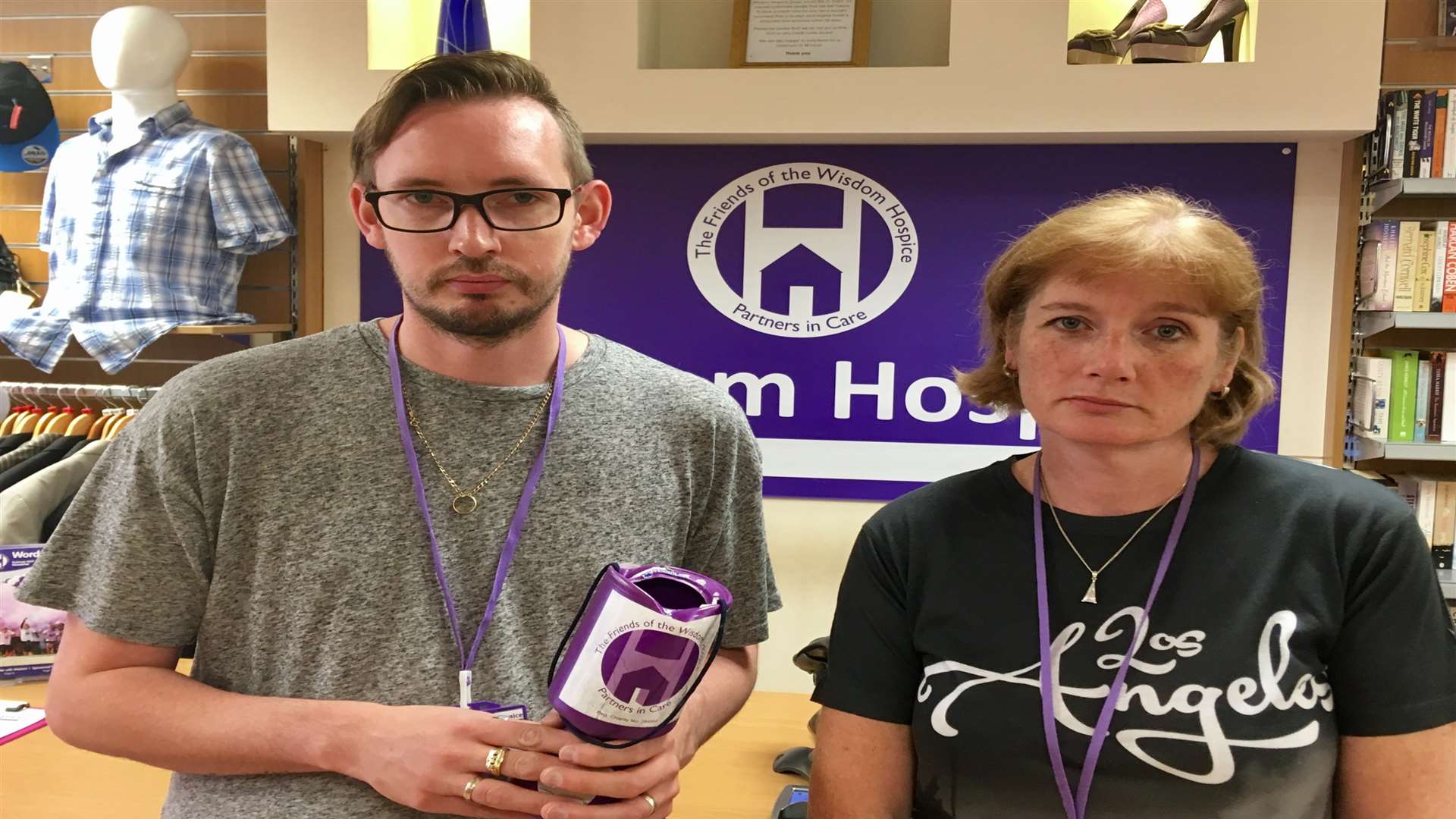 John Hale and Clare Miller at the shop with the broken charity tin last month.