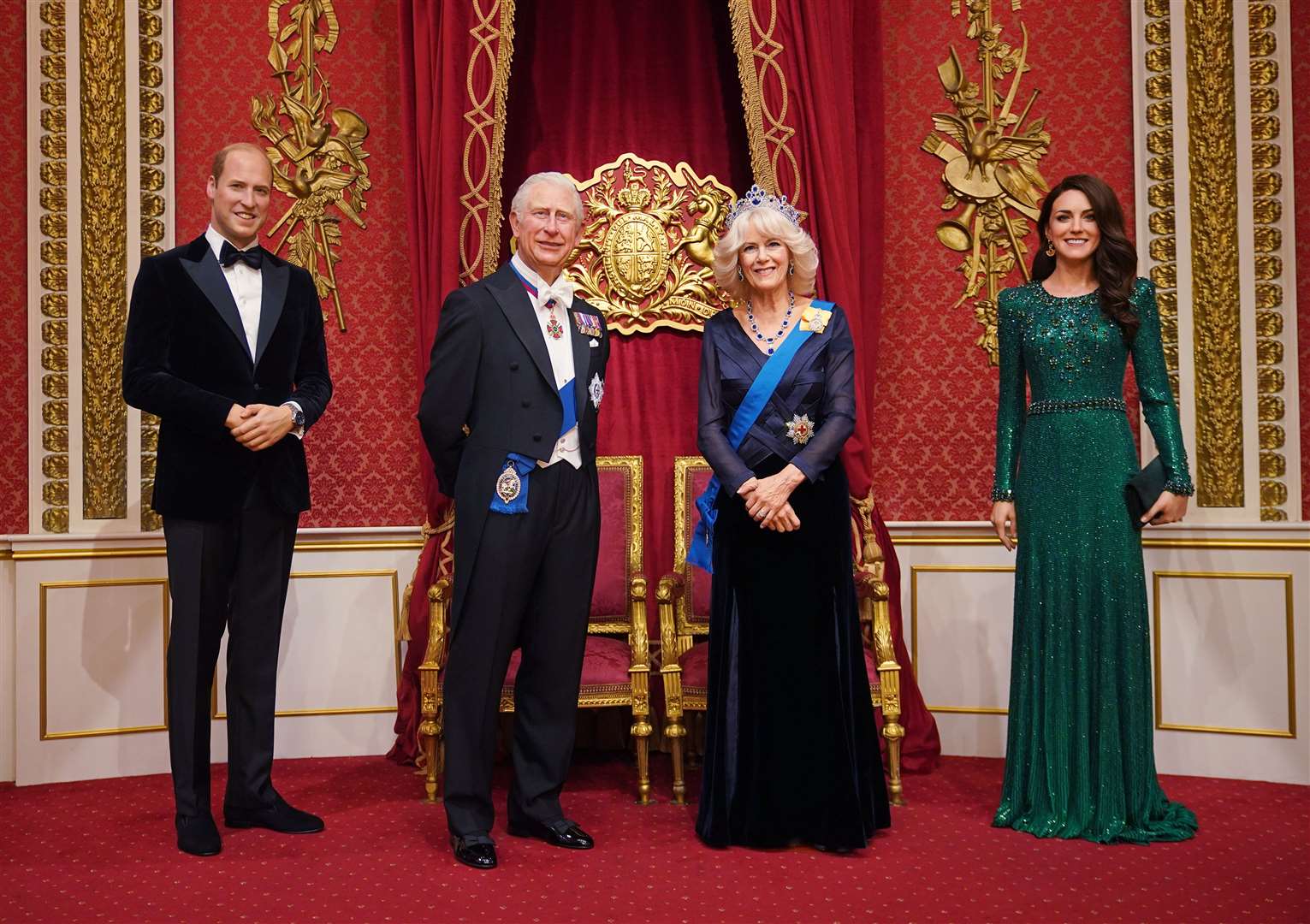 A new Queen Consort waxwork has been placed next to existing figures of the Prince of Wales, the King and the Princess of Wales (Yui Mok/PA)