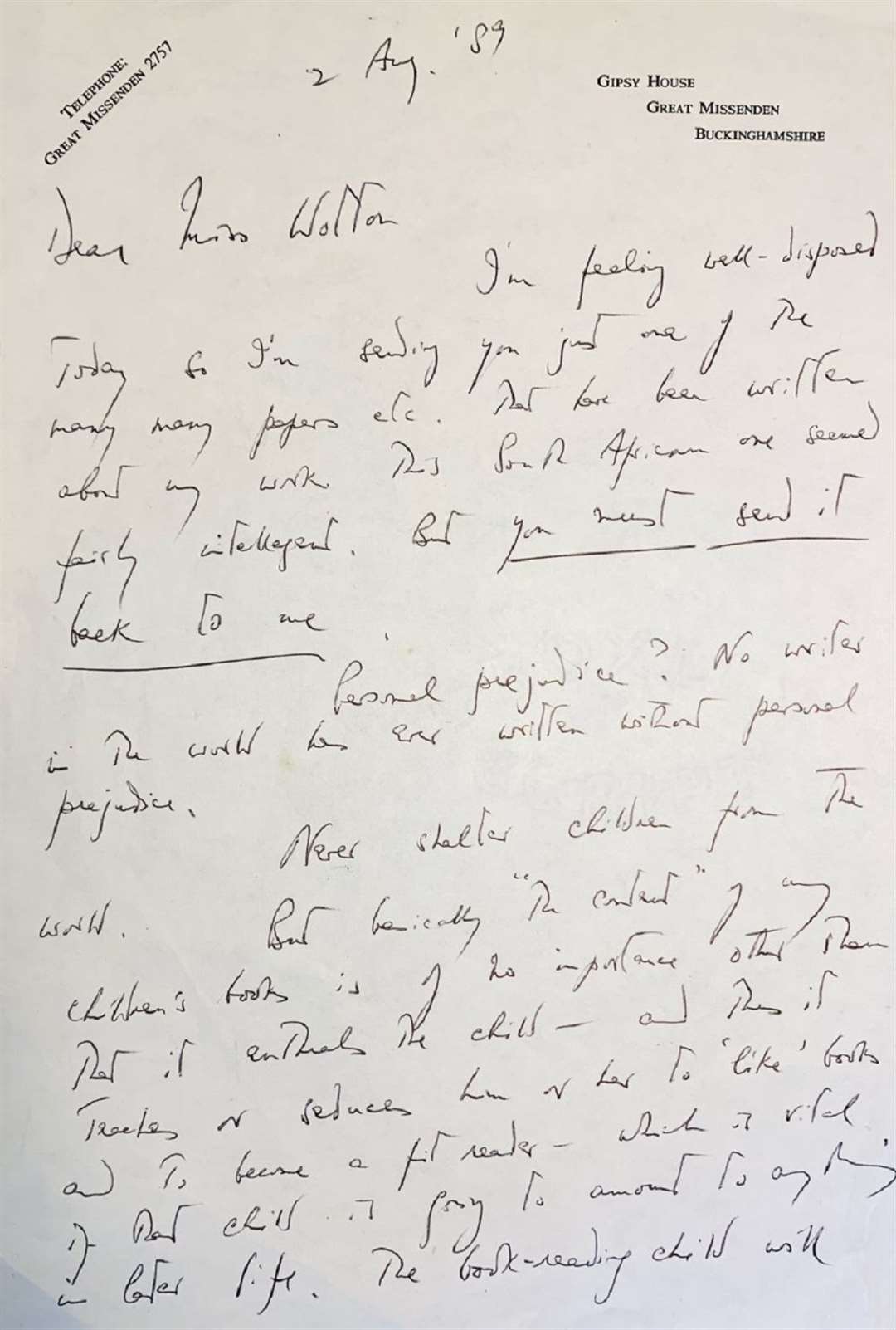 The letter, from August 1989, reveals the author’s opinion of his own work (Hansons Auctioneers/PA)