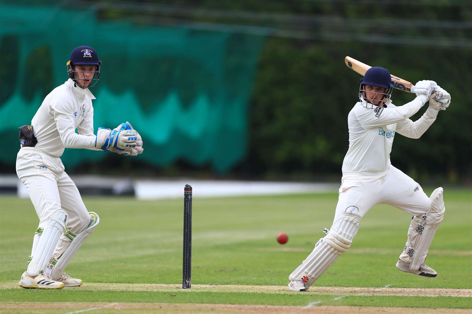 St Lawrence & Highland Court captain Matt Hammond cuts towards point at Polo Farm ahead of Canterbury wicketkeeper Liam Durrant. Picture: Gary Restall