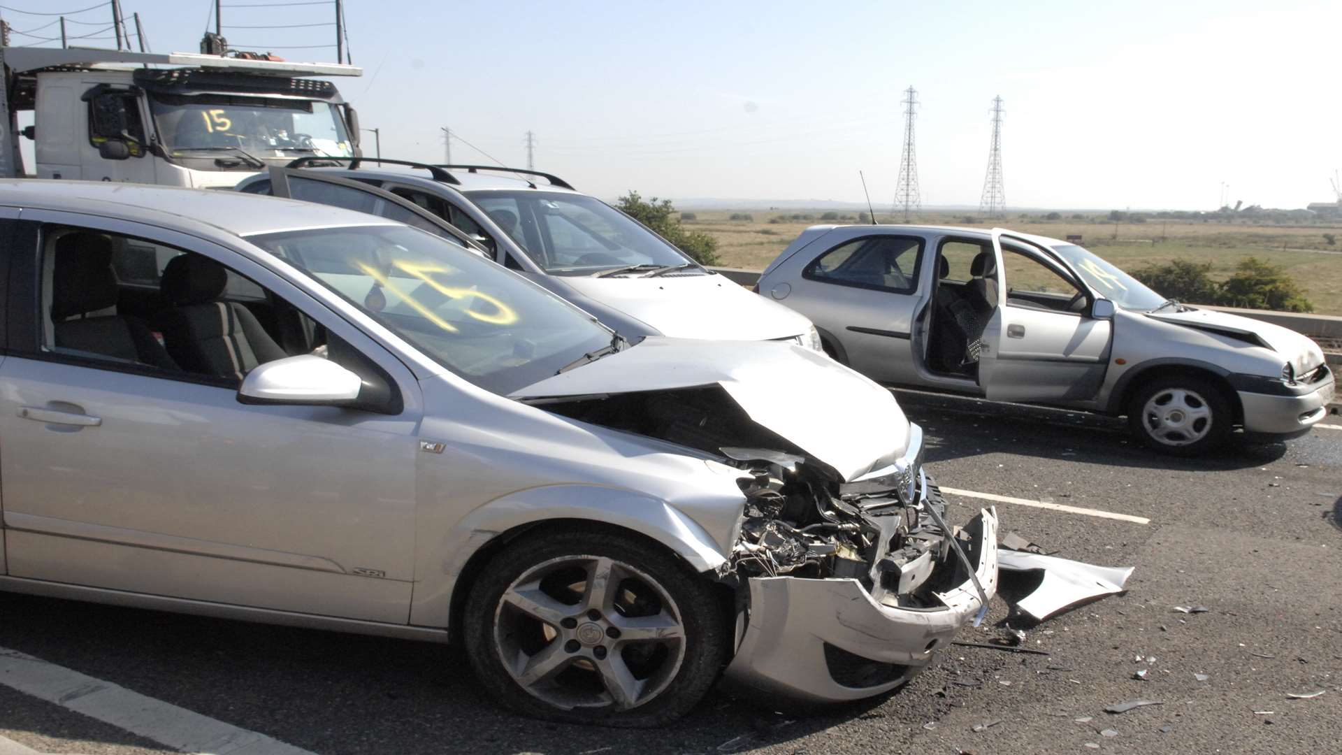 Many cars lost bumpers in the multiple collisions