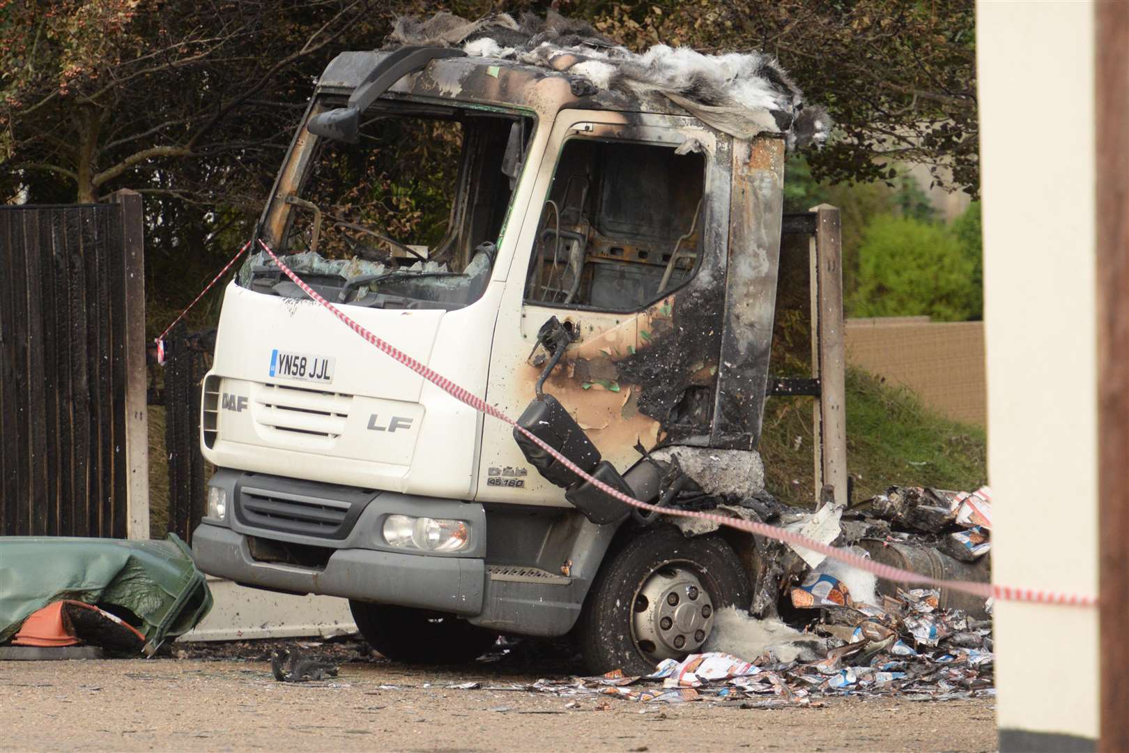 A burnt out lorry in Builders Square, Littlebourne. Picture: Chris Davey (4047088)