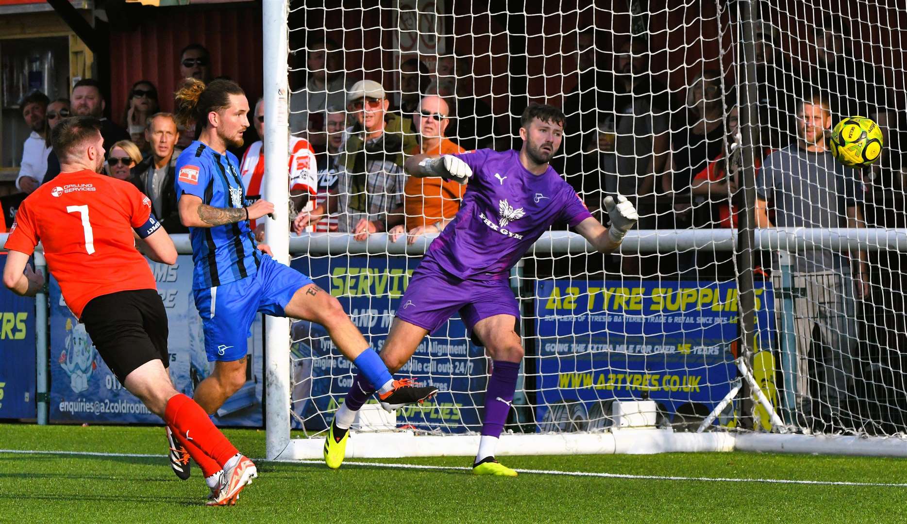 Sheppey skipper Danny Leonard heads home to make it 2-0 at Holm Park. Picture: Marc Richards