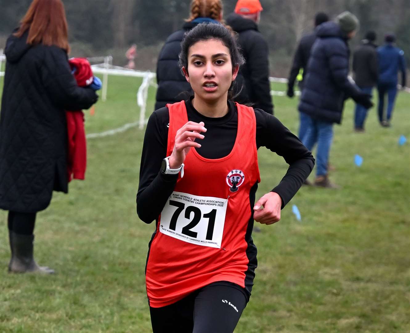 Medway’s Naveen Deo (No.721) in the senior girls’ race. Picture: Simon Hildrew