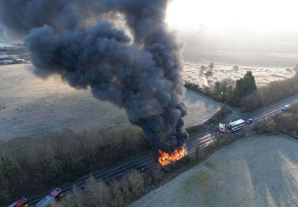 Drone photos show the extent of the blaze on the A256