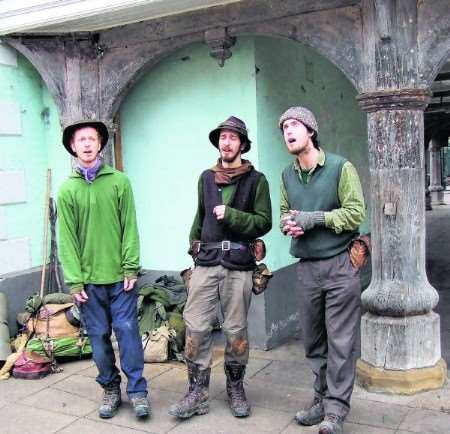 Left to right: Ginge Stevens, Ed Stevens and Will Parsons singing in Faversham's Market Square during their latest pilgrimage to Wales