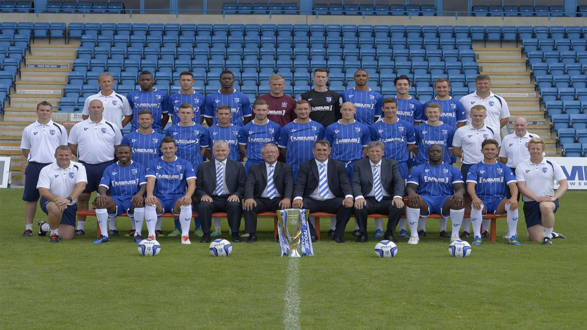 Back Row John Schofield Assistant Manager, Antonio German, Joe Martin, Amine Linganzi, George Howard, Stuart Nelson, Leon Legge, Charlie Allen, Charlie Lee, Darren Hare Head of Youth Middle – Steve Corner Youth Team Physio, Carl Muggleton GK Coach, Adam Birchall, Harry Grant, Cody McDonald, Matt Fish, Danny Kedwell, Adam Barrett, Steven Gregory, Callum Davies, James Russell Fitness Coach, Malcolm Stedman Kitman Front Row – Mark Patterson Development Team Manager, Myles Weston, Chris Whelpdale, Mike Quarrington Director, Paul Scally Chairman, Martin Allen Manager, Michael Anderson Director, Adebayo Akinfenwa, Bradley Dack, Gary Hemens Physio