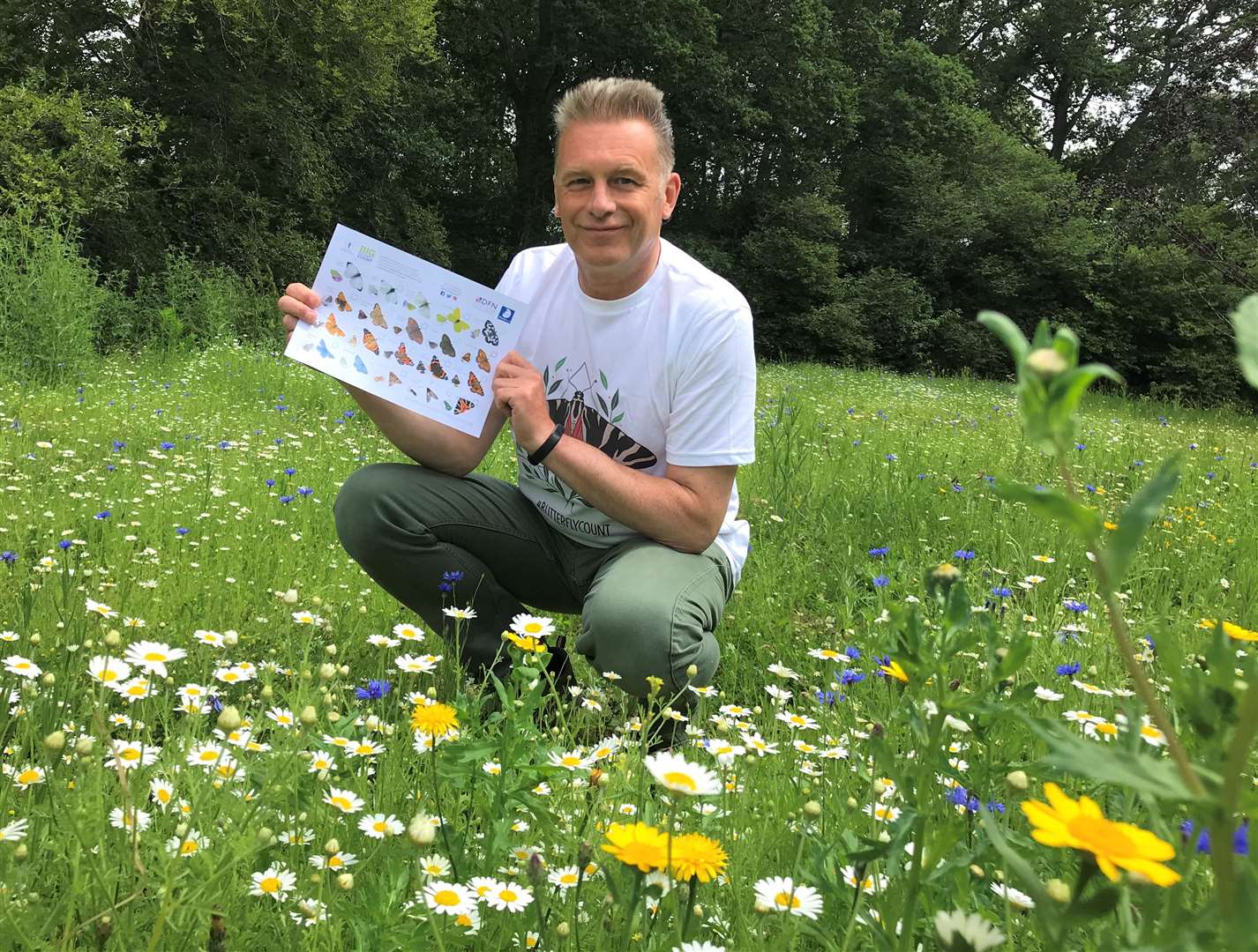 Chris Packham with a Big Butterfly Count ID guide (Butterfly Conservation/PA)