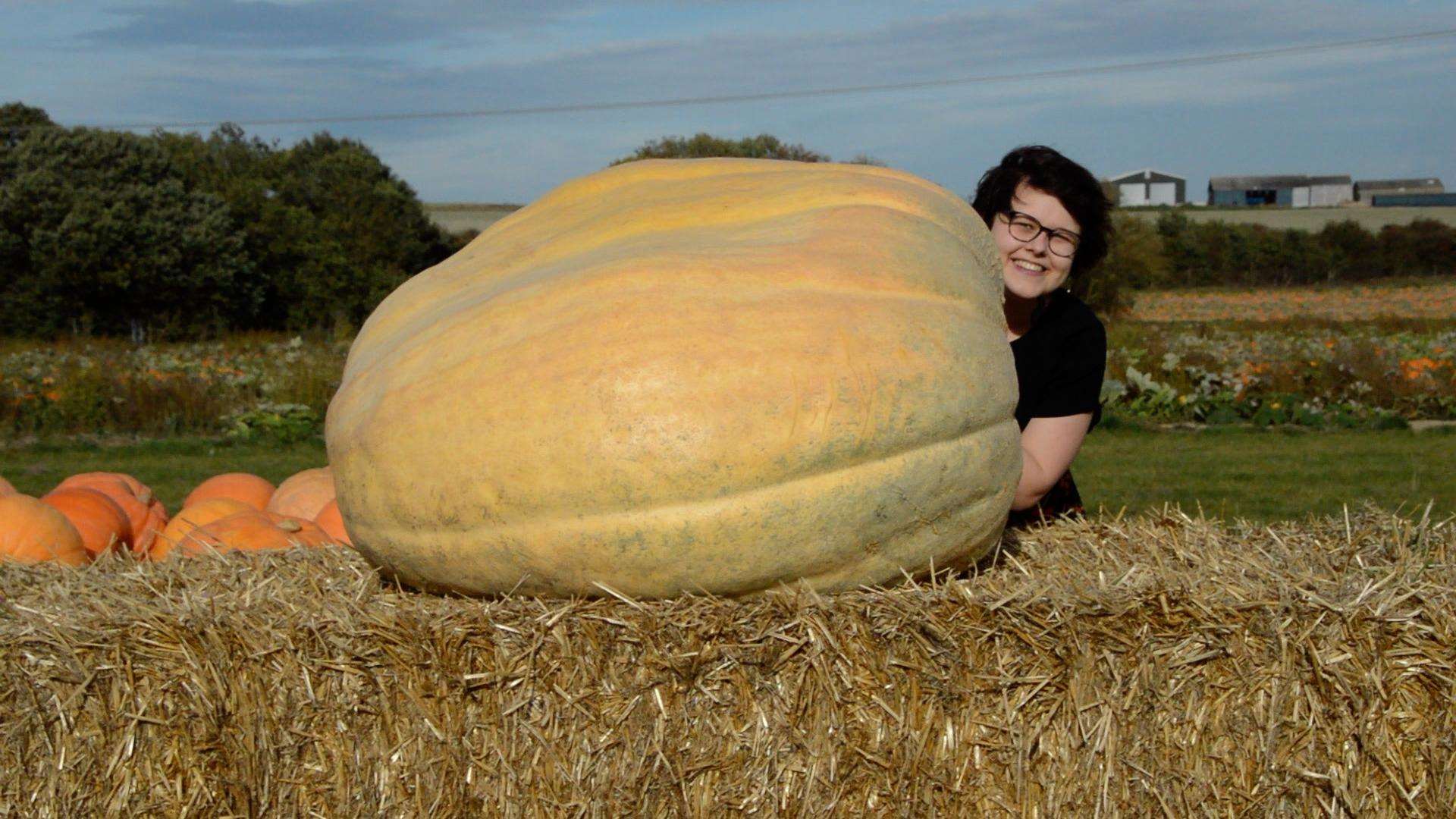 KM reporter Poppy Jeffery next to the huge pumpkin (4856102)