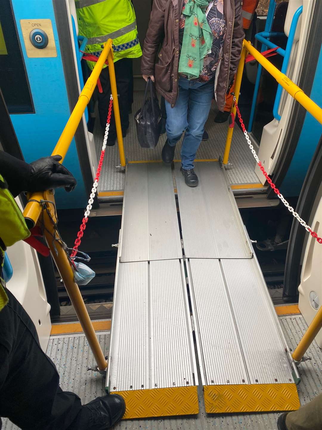 Passengers helped off a trapped train after it hit a fallen tree on the track at Battle. Picture: Network Rail