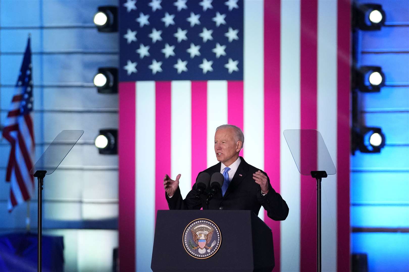 US president Joe Biden delivers a speech at the Royal Castle in Warsaw (Petr David Josek/AP)