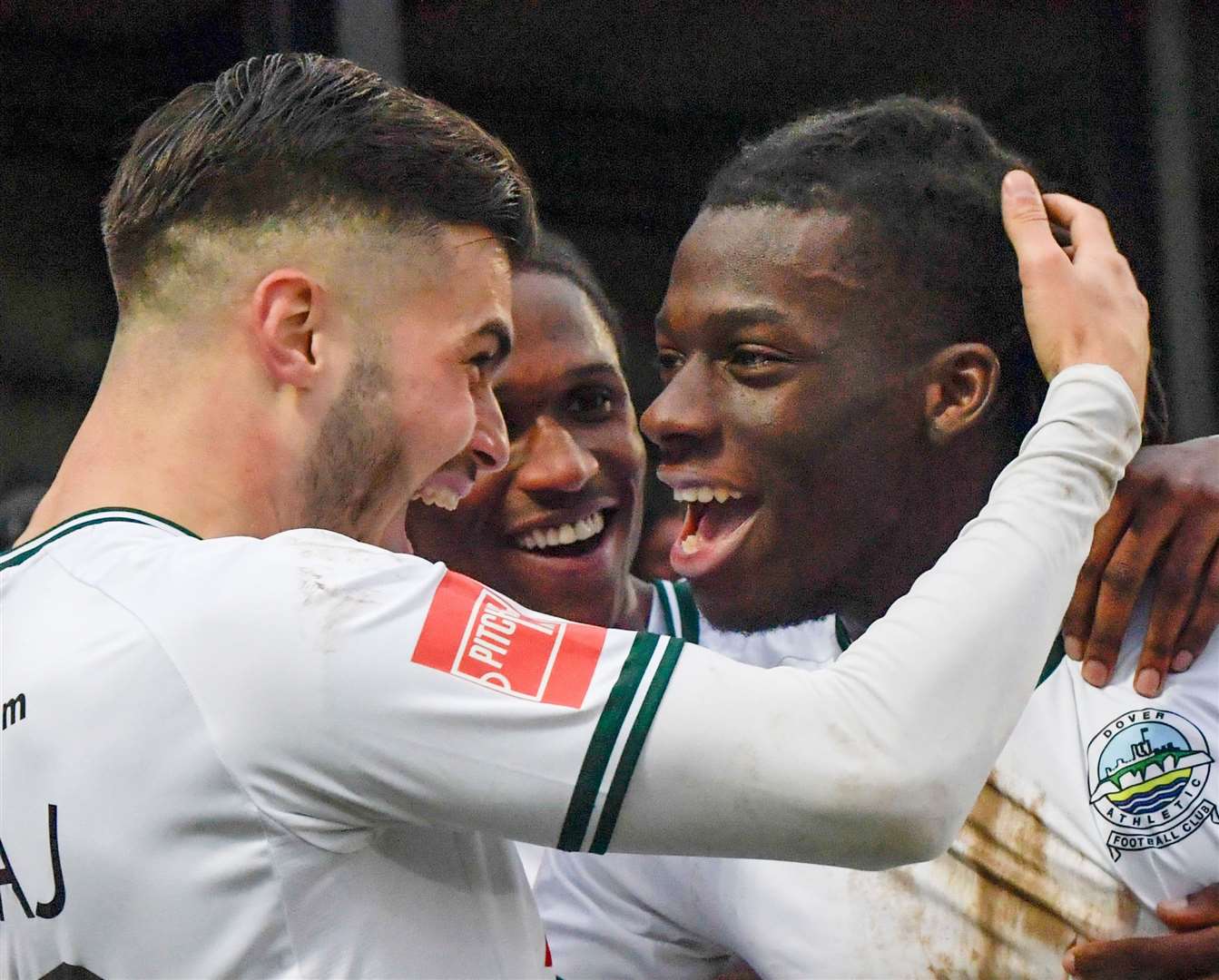 George Nikaj and Ruben Soares-Junior celebrate during last weekend’s 3-2 Isthmian Premier win for Dover against Canvey Island. Picture: Stuart Watson