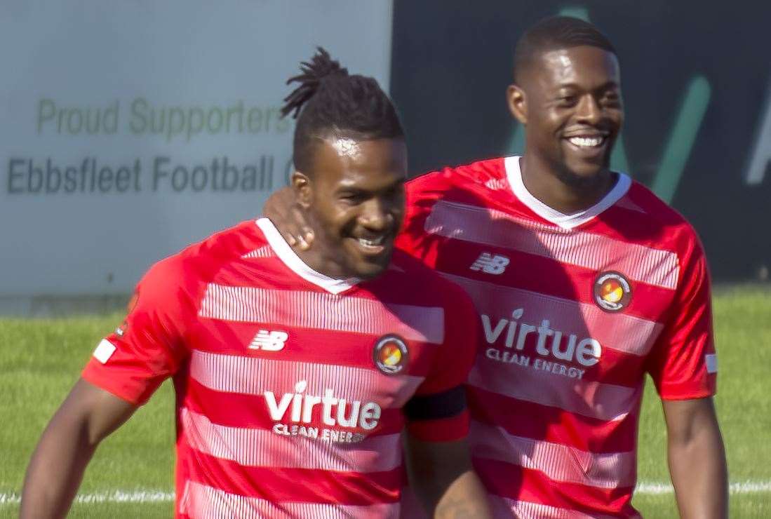 Ebbsfleet United top scorer Dominic Poleon celebrates after making it 1-0 during their FA Cup win against Dover. Picture: Ed Miller / EUFC